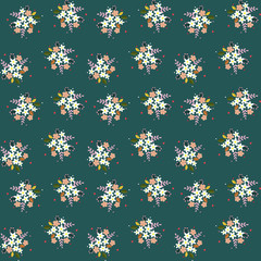 Seamless floral pattern composition small field flowers twigs berries leaves on green blueish background, fabric, tapestry, wallpaper