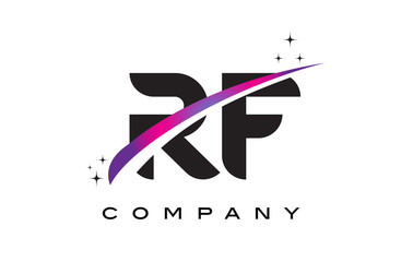 RF R F Black Letter Logo Design with Purple Magenta Swoosh