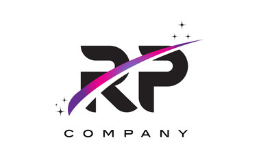RP R P Black Letter Logo Design with Purple Magenta Swoosh