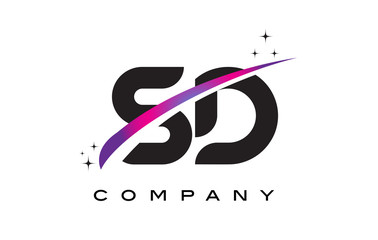 SD S D Black Letter Logo Design with Purple Magenta Swoosh