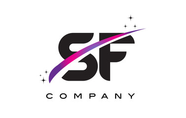 SF S F Black Letter Logo Design with Purple Magenta Swoosh