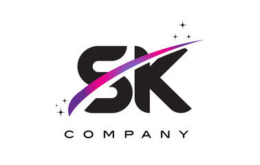 SK S K Black Letter Logo Design with Purple Magenta Swoosh