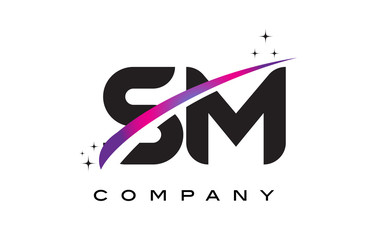 SM S M Black Letter Logo Design with Purple Magenta Swoosh