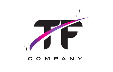 TF T F Black Letter Logo Design with Purple Magenta Swoosh