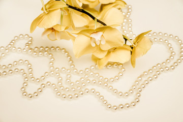 pearl and yellow Orchid on white glass 