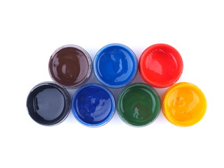 Jars with gouache on white background
