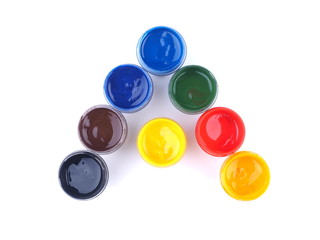 Jars with gouache on white background