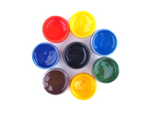 Jars with gouache on white background