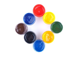 Jars with gouache on white background