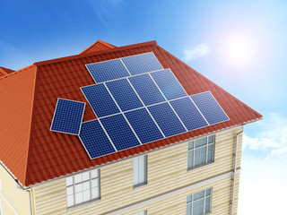 Fototapeta premium Solar panels being installed on building rooftop. 3D illustration