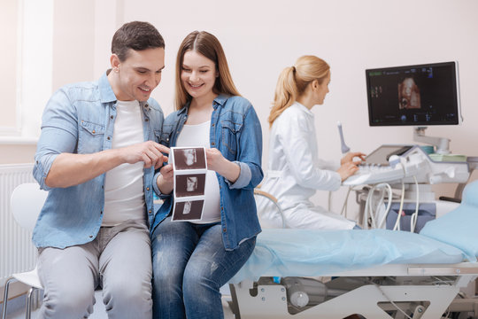 Charming couple discussing ultrasound digital scan of future child