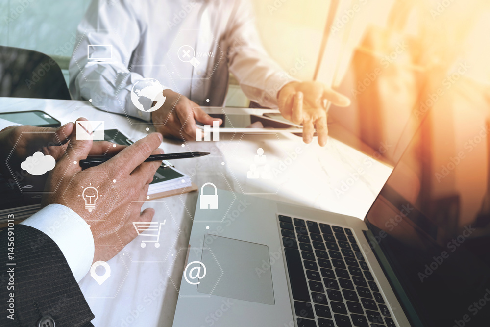 Poster co working team meeting concept,businessman using smart phone and laptop and digital tablet computer in modern office with virtual interface icons network diagram