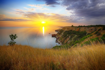 Dramatic sunset at cape Fiolent with bush and grass at foreground