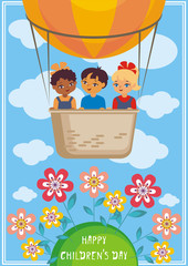 Happy children’s day greeting card with the image of the hot air balloon, the planet Earth and children of different races. Vector illustration in cartoon style