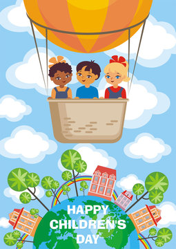 Happy children’s day greeting card with the image of the hot air balloon, the planet Earth and children of different races. Vector illustration in cartoon style