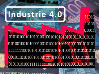 Industry 4.0: Working world of the future –
The symbol of a factory against the background of euro notes. The roof section signals a rising exchange rate. Inscription: Industry 4.0 (International)
