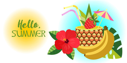 Hello, summer! Vector illustration, composition. Tropical cocktail in pineapple, hibiscus flower, banana.