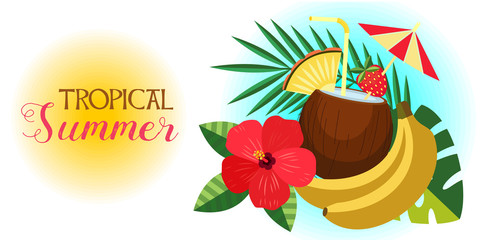 Tropical summer vector illustration. Tropical cocktail in a coconut, palm leaves, bananas and hibiscus flower. © katedemian