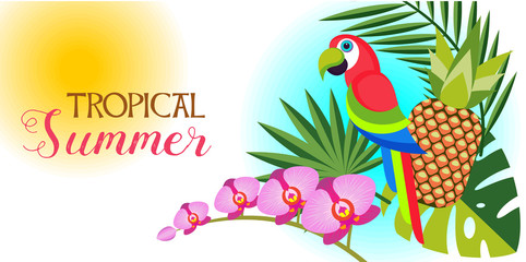 The tropical summer. Vector composition. Bright tropical parrot among palm leaves and orchids.