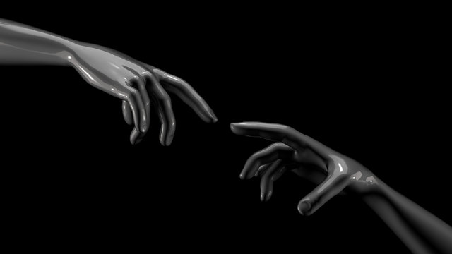 Black hands in the gesture of contact. 3d image, 3d rendering.
