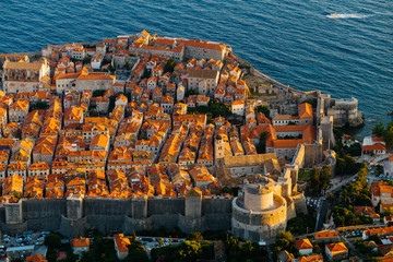 View from the top of the mountain of Srdj to the old part of the city in the fortress in Dubrovnik, Croatia.