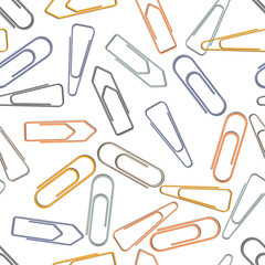 Different metal paper clips on white background, seamless pattern