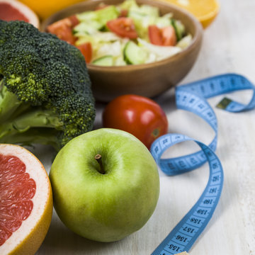 Food for diet  on a wooden table.