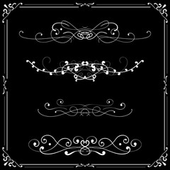 Ornaments and decoration frames. White elements on black background.