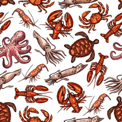 Mollusks and ocean or sea animals seamless pattern of seafood lobster crab and shrimp prawn, turtle, squid or crayfish and octopus crustaceans. Vector sketch