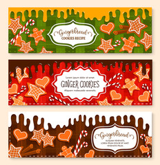 Gingerbread cookie and biscuits vector banners set. Design for bakery desserts and homemade patisseries cakes on chocolate and waffle background. Gingerbread stars, man, heats and caramel candy canes