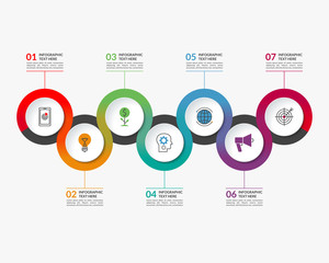 Fototapeta premium Infographic timeline template of 7 circular elements. Can be used for chart, graph, workflow layout, step by step infographics
