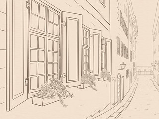 Narrow city street with flowers in window boxes. Hand drawn sketch