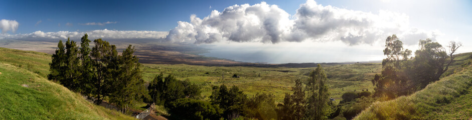 Fototapeta premium Blick über grünes Weideland auf die Westküste von Big Island, Hawaii, USA.