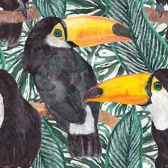 Watercolor painting seamless pattern with toucan birds and tropical leaves