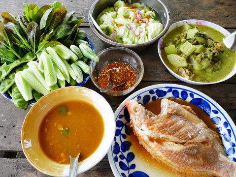 Traditional lunch cuisine food set of southern thai style and boiled seafood