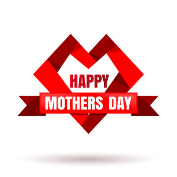 Happy Mothers Day. Red heart with ribbon for Mothers Day. Vector illustration isolated on white background