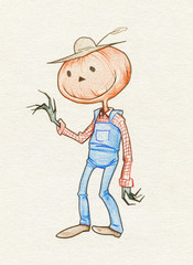 Halloween pumkin character Jack O Lantern wearing farmer outfit
