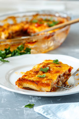 Greek style moussaka with eggplants, ground beef and potatoes.