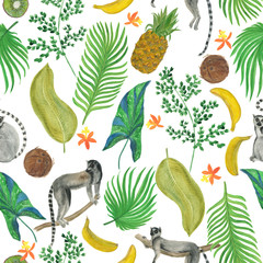 Fototapeta premium Watercolor painting seamless pattern with tropical flowers,leaves, fruits and lemurs