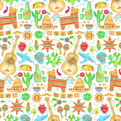 Watercolor mexico, cinco de mayo seamless pattern. Mexican background