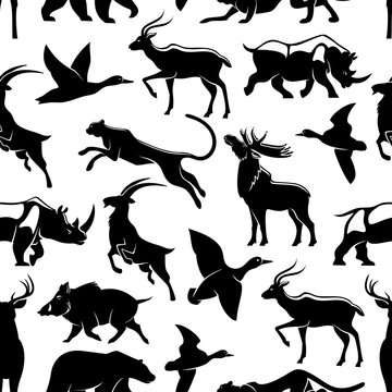 Hunting vector seamless pattern. Silhouettes of African cheetah panther or puma cat, forest elk or deer and aper boar, grizzly bear or savanna rhinoceros and mountain goat, gazelle and duck