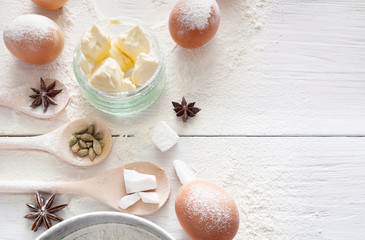 Homemade bakery, baking ingredients on rustic desk