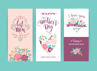 Set of Happy Mothers Day lettering greeting cards with Flowers.