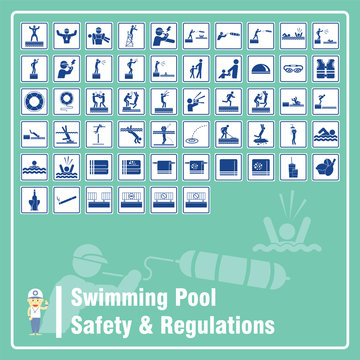 Set Of Signs And Symbols Of Swimming Pool Safety Rules And Regulations