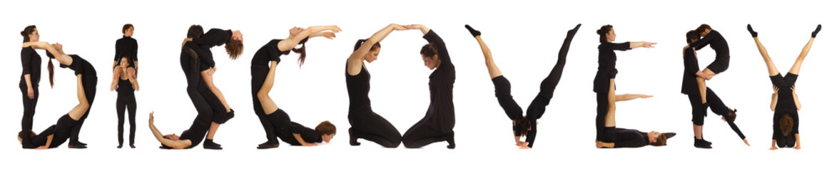 Black dressed people forming word DISCOVERY