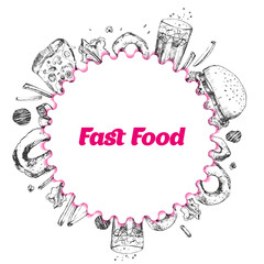 Fast food hand drawn round menu banner. Template design for restaurant, cafe with pizza slice, burger, hot dog, drinks and other items. Modern Cover template