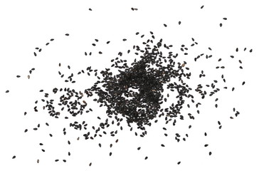 Black organic sesame seeds isolated on white background, top view