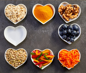 Cooking ingredients in heart-shaped bowls