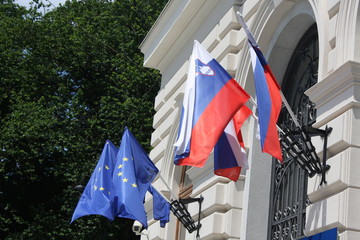 Ljubljana city with  EU flags and Slovenian flags, Slovenia