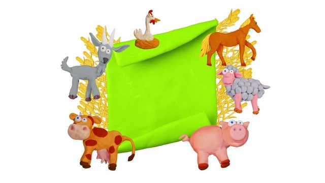 Green Plaque with Plasticine Animals goat, pig, cow, chicken, sheep, horse. Background for farm. Alpha matte. Clay animation. 4K